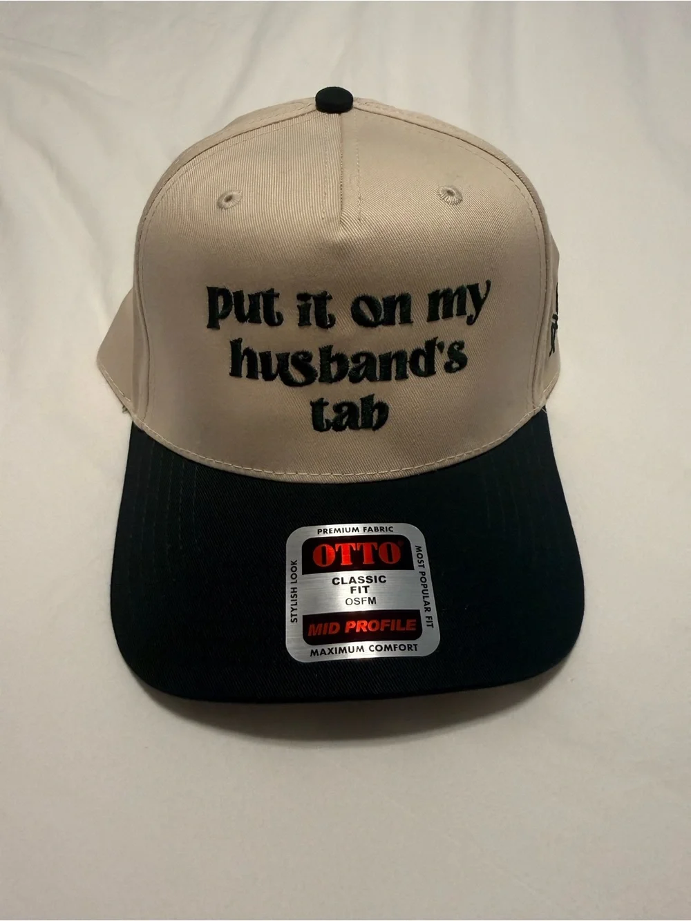 New Era Beige Crown Black Brim Snapback Hat with Embroidered Slogan